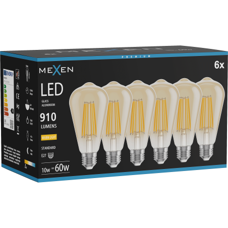 Mexen Vintis 6x LED-Filament-Glühbirne E27, ST64, 10W, Warm - 2700K, 910 lm, Amber - L152-E27-1027-50x06