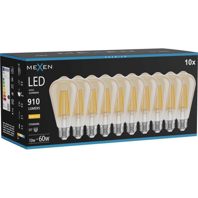 Mexen Vintis 10x LED-Filament-Glühbirne E27, ST64, 10W, Warm - 2700K, 910 lm, amber - L152-E27-1027-50x10