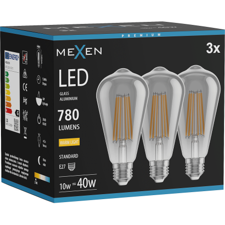 Mexen Vintis 3x LED-Filament-Glühbirne E27, ST64, 10W, Warm - 2700K, 780 lm, Rauch - L152-E27-1027-70x03
