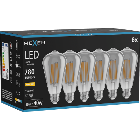 Mexen Vintis 6x LED-Filament-Glühbirne E27, ST64, 10W, Warm - 2700K, 780 lm, Rauch - L152-E27-1027-70x06