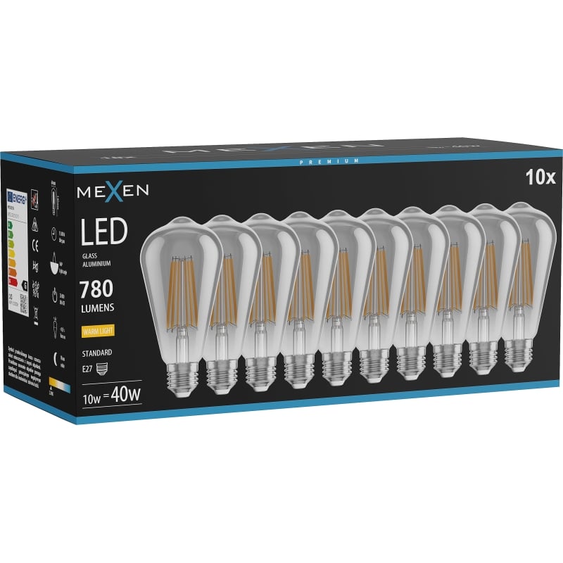 Mexen Vintis 10x LED-Filamentlampe E27, ST64, 10W, Warm - 2700K, 780 lm, Rauch - L152-E27-1027-70x10
