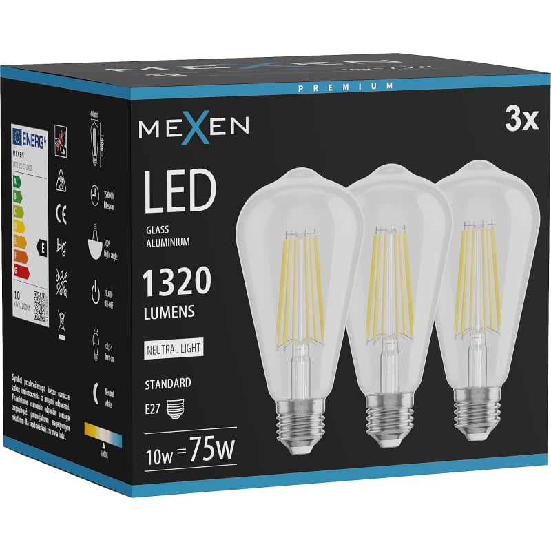 Mexen Vintis 3x LED-Filament-Glühbirne E27, ST64, 10W, Neutral - 4000K, 1320 lm, klar - L152-E27-1040-00x03