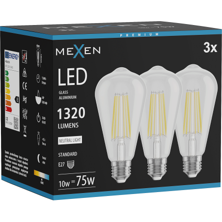 Mexen Vintis 3x LED-Filament-Glühbirne E27, ST64, 10W, Neutral - 4000K, 1320 lm, klar - L152-E27-1040-00x03