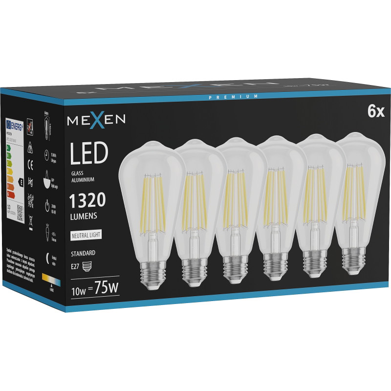 Mexen Vintis 6x LED-Filament-Glühbirne E27, ST64, 10W, Neutral - 4000K, 1320 lm, klar - L152-E27-1040-00x06