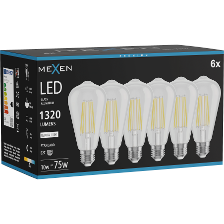 Mexen Vintis 6x LED-Filament-Glühbirne E27, ST64, 10W, Neutral - 4000K, 1320 lm, klar - L152-E27-1040-00x06