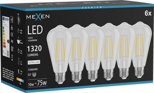 Mexen Vintis 6x LED-Filament-Glühbirne E27, ST64, 10W, Neutral - 4000K, 1320 lm, klar - L152-E27-1040-00x06