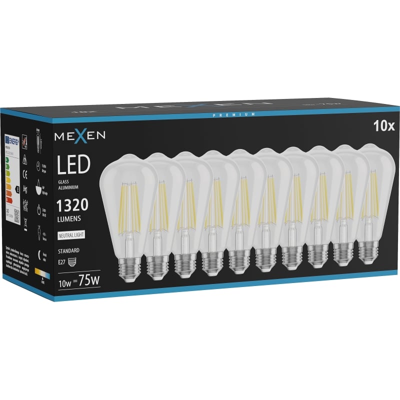 Mexen Vintis 10x LED-Filament-Glühbirne E27, ST64, 10W, Neutral - 4000K, 1320 lm, klar - L152-E27-1040-00x10