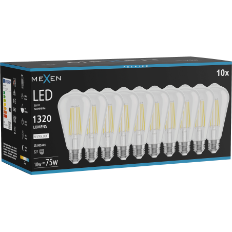 Mexen Vintis 10x LED-Filament-Glühbirne E27, ST64, 10W, Neutral - 4000K, 1320 lm, klar - L152-E27-1040-00x10