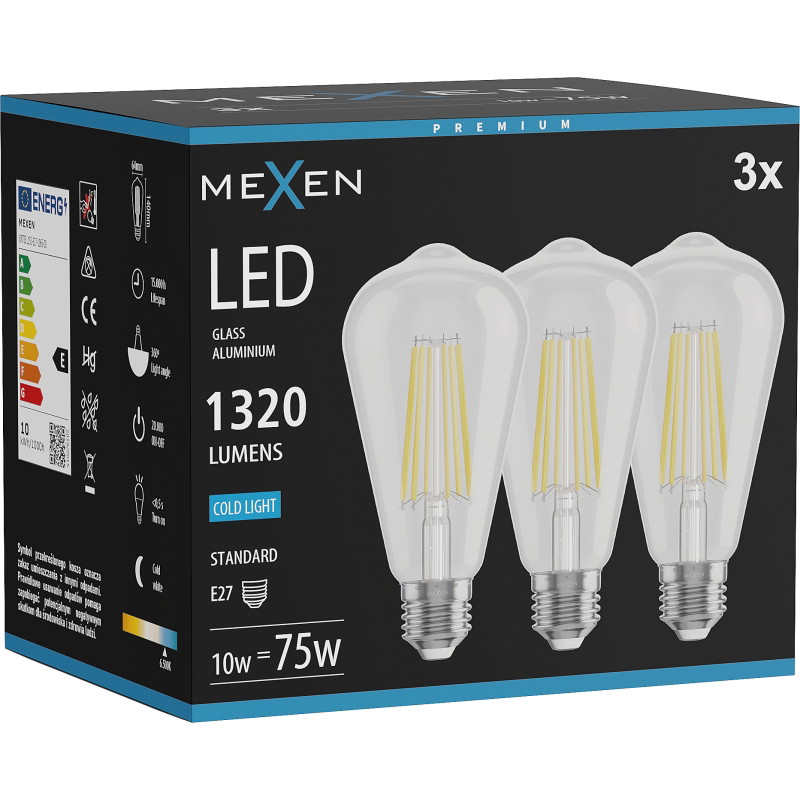 Mexen Vintis 3x LED-Filament-Glühbirne E27, ST64, 10W, Kalt - 6500K, 1320 lm, klar - L152-E27-1040-00x03 - L152-E27-1065-00x03