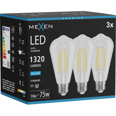 Mexen Vintis 3x LED-Filament-Glühbirne E27, ST64, 10W, Kalt - 6500K, 1320 lm, klar - L152-E27-1040-00x03 - L152-E27-1065-00x03