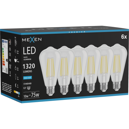 Mexen Vintis 6x Filament-LED-Glühbirne E27, ST64, 10W, Kalt - 6500K, 1320 lm, klar - L152-E27-1040-00x06 - L152-E27-1065-00x06