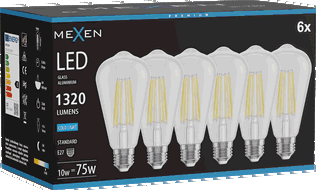 Mexen Vintis 6x Filament-LED-Glühbirne E27, ST64, 10W, Kalt - 6500K, 1320 lm, klar - L152-E27-1040-00x06 - L152-E27-1065-00x06