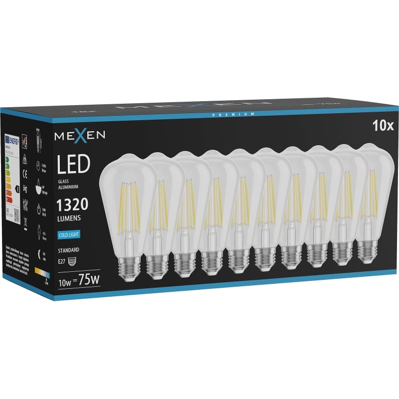 Mexen Vintis 10x LED-Filamentlampe E27, ST64, 10W, Kaltlicht - 6500K, 1320 lm, klar - L152-E27-1040-00x10 - L152-E27-1065-00x10