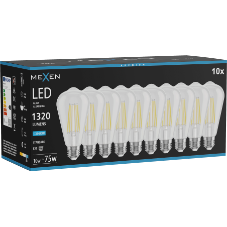 Mexen Vintis 10x LED-Filamentlampe E27, ST64, 10W, Kaltlicht - 6500K, 1320 lm, klar - L152-E27-1040-00x10 - L152-E27-1065-00x10