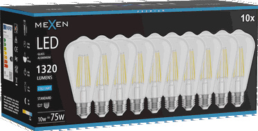 Mexen Vintis 10x LED-Filamentlampe E27, ST64, 10W, Kaltlicht - 6500K, 1320 lm, klar - L152-E27-1040-00x10 - L152-E27-1065-00x10