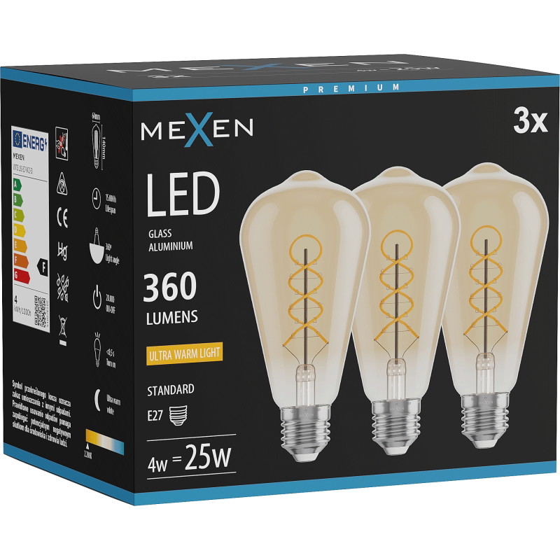 Mexen Vintis 3x LED-Filament-Glühbirne Spirale E27, ST64, 4W, Warm - 2200K, 360 lm, amber - L162-E27-0422-50x03