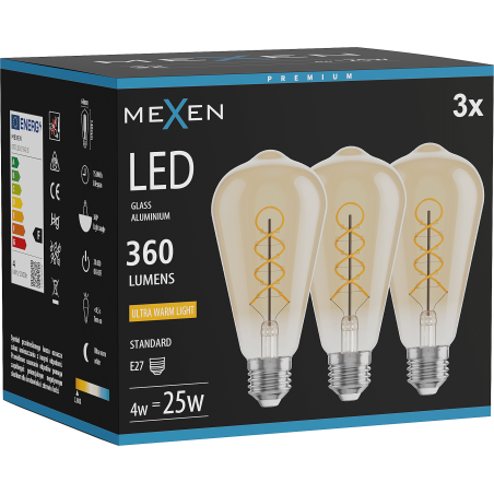 Mexen Vintis 3x LED-Filament-Glühbirne Spirale E27, ST64, 4W, Warm - 2200K, 360 lm, amber - L162-E27-0422-50x03