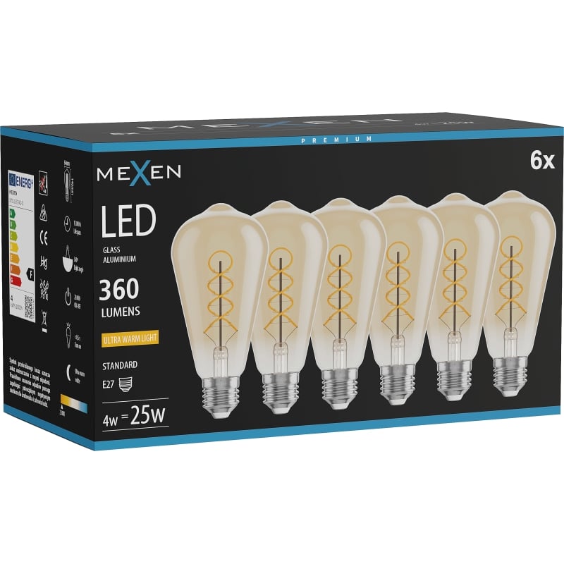 Mexen Vintis 6x Filament-LED-Lampe Spirale E27, ST64, 4W, Warm - 2200K, 360 lm, bernstein - L162-E27-0422-50x06