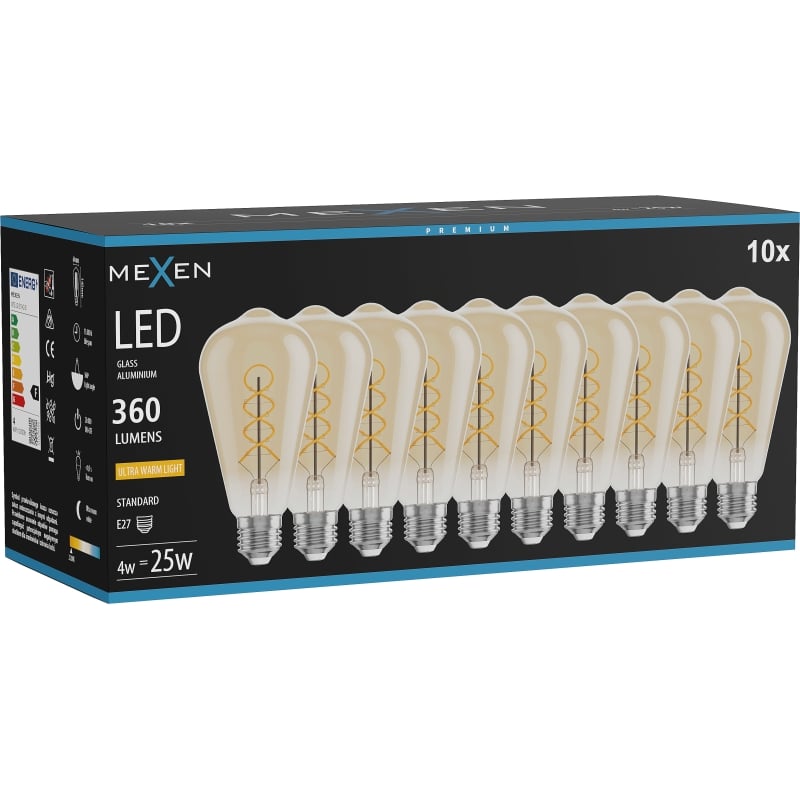 Mexen Vintis 10x Glühbirne Filament Spirale LED E27, ST64, 4W, Warm - 2200K, 360 lm, Bernsteingelb - L162-E27-0422-50x10