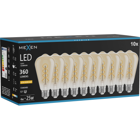 Mexen Vintis 10x Glühbirne Filament Spirale LED E27, ST64, 4W, Warm - 2200K, 360 lm, Bernsteingelb - L162-E27-0422-50x10