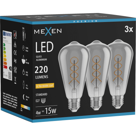 Mexen Vintis 3x LED-Filament Spiralbirne E27, ST64, 4W, Warm - 2200K, 220 lm, smoke - L162-E27-0422-70x03