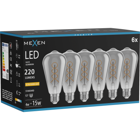 Mexen Vintis 6x LED-Filament-Glühbirne, Spirale, E27, ST64, 4W, Warm - 2200K, 220 lm, Rauch - L162-E27-0422-70x06