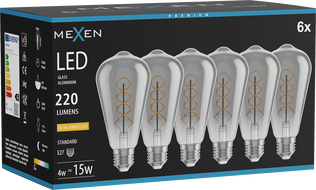 Mexen Vintis 6x LED-Filament-Glühbirne, Spirale, E27, ST64, 4W, Warm - 2200K, 220 lm, Rauch - L162-E27-0422-70x06