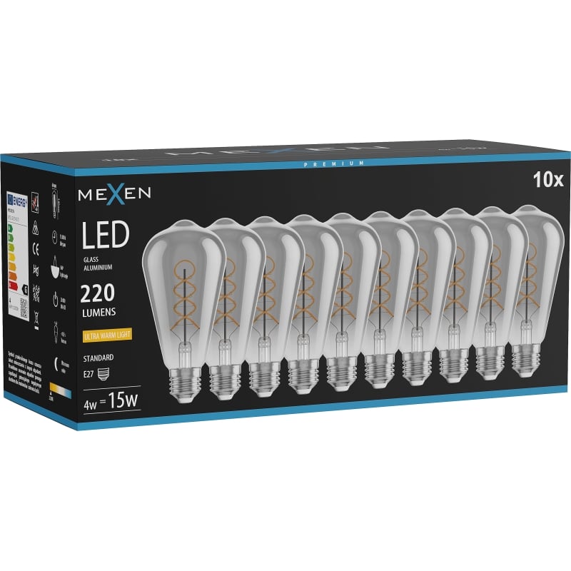 Mexen Vintis 10x Glühbirne Filament Spirale LED E27, ST64, 4W, Warm - 2200K, 220 lm, Rauch - L162-E27-0422-70x10