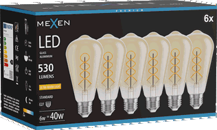 Mexen Vintis 6x LED-Filament-Glühbirne Spirale E27, ST64, 6W, Warm - 2200K, 530 lm, amber - L162-E27-0622-50x06