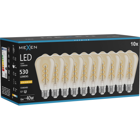 Mexen Vintis 10x Filament-Glühbirne Spirale LED E27, ST64, 6W, Warm - 2200K, 530 lm, Bernstein - L162-E27-0622-50x10