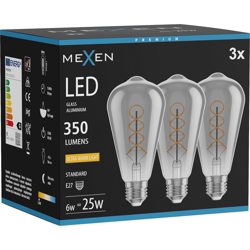 Mexen Vintis 3x Filament-Glühbirne Spirale LED E27, ST64, 6W, Warm - 2200K, 350 lm, Rauch - L162-E27-0622-70x03
