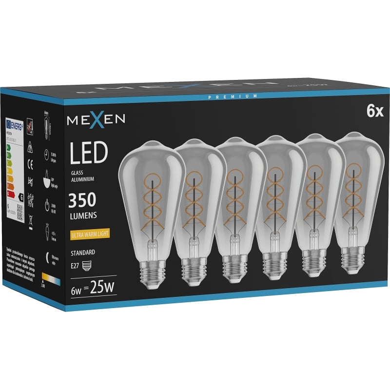Mexen Vintis 6x LED-Filament-Spirallampe E27, ST64, 6W, warm - 2200K, 350 lm, Rauch - L162-E27-0622-70x06