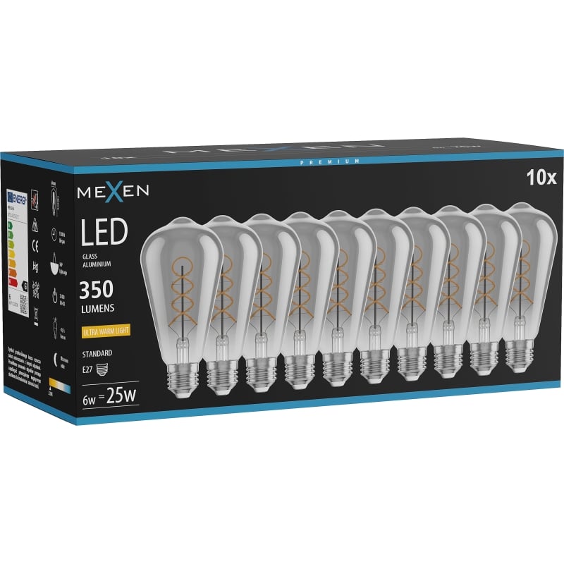 Mexen Vintis 10x LED-Filament-Glühbirne Spirale E27, ST64, 6W, Warm - 2200K, 350 lm, smoke - L162-E27-0622-70x10
