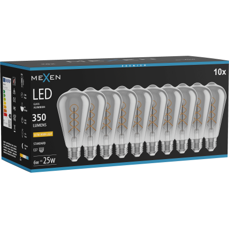 Mexen Vintis 10x LED-Filament-Glühbirne Spirale E27, ST64, 6W, Warm - 2200K, 350 lm, smoke - L162-E27-0622-70x10