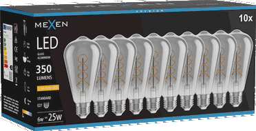 Mexen Vintis 10x LED-Filament-Glühbirne Spirale E27, ST64, 6W, Warm - 2200K, 350 lm, smoke - L162-E27-0622-70x10