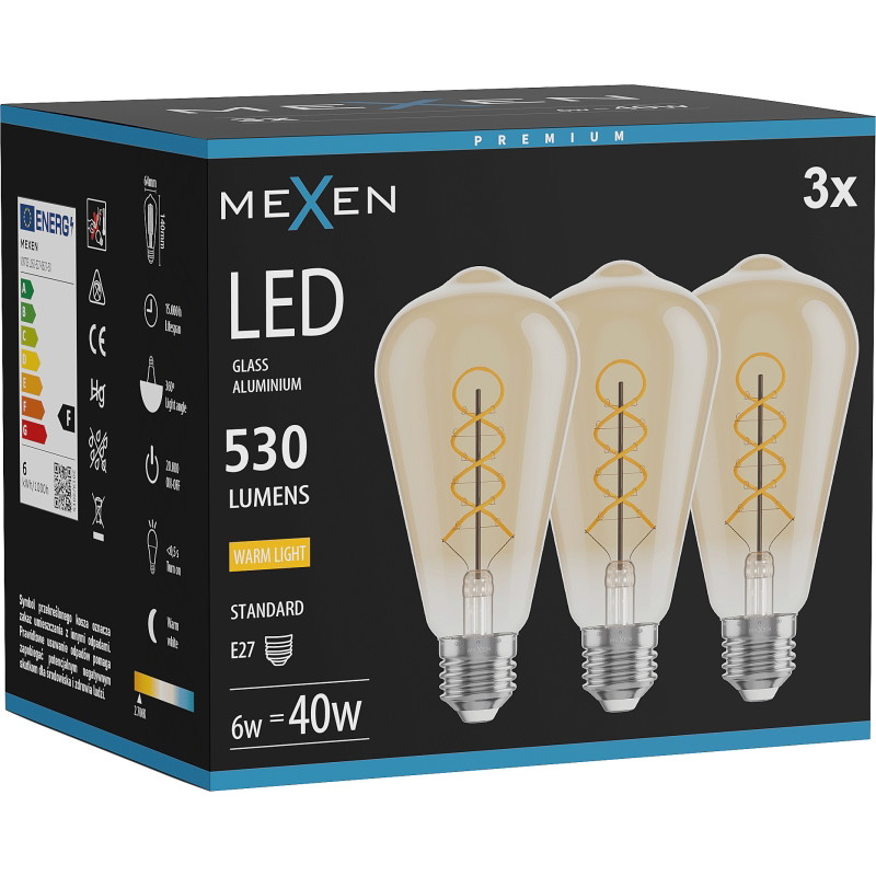 Mexen Vintis 3x LED-Filament-Glühbirne Spirale E27, ST64, 6W, Warm - 2700K, 530 lm, bernstein - L162-E27-0627-50x03