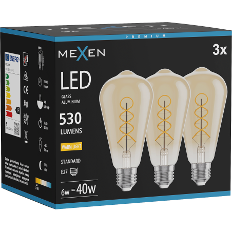Mexen Vintis 3x LED-Filament-Glühbirne Spirale E27, ST64, 6W, Warm - 2700K, 530 lm, bernstein - L162-E27-0627-50x03