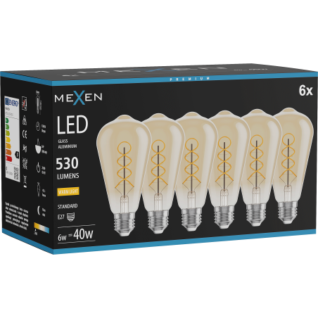 Mexen Vintis 6x Filament-LED-Glühbirne Spirale E27, ST64, 6W, Warm - 2700K, 530 lm, bernsteinfarben - L162-E27-0627-50x06