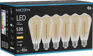 Mexen Vintis 6x Filament-LED-Glühbirne Spirale E27, ST64, 6W, Warm - 2700K, 530 lm, bernsteinfarben - L162-E27-0627-50x06
