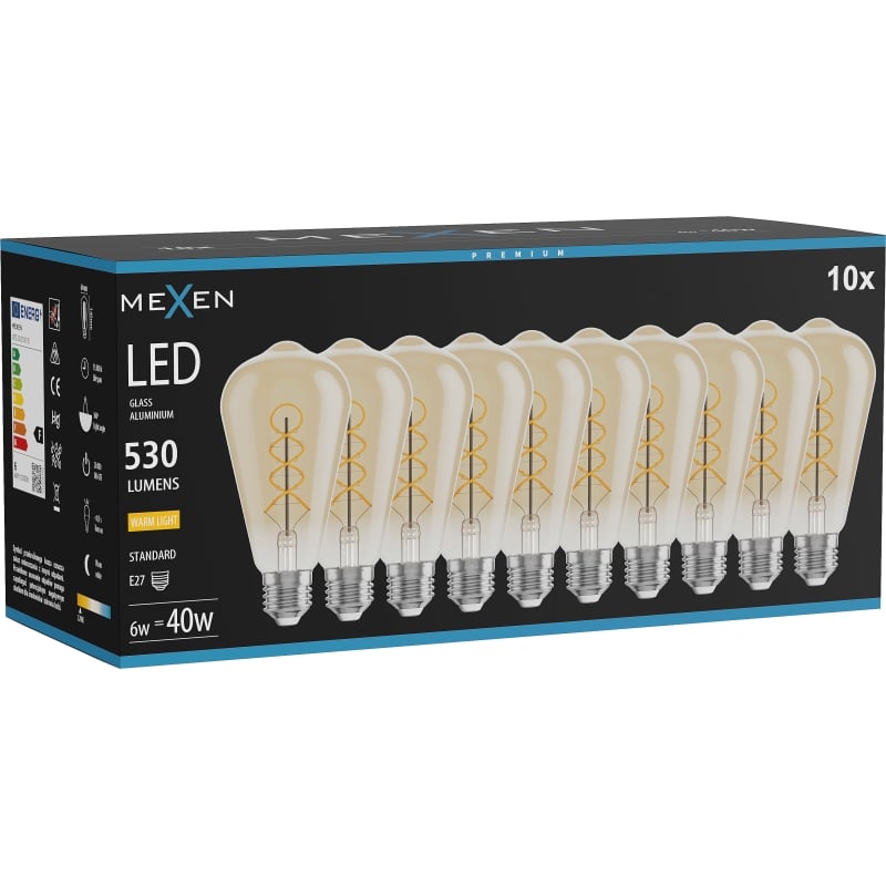 Mexen Vintis 10x LED-Filament-Glühbirne Spirale E27, ST64, 6W, Warm - 2700K, 530 lm, amber - L162-E27-0627-50x10