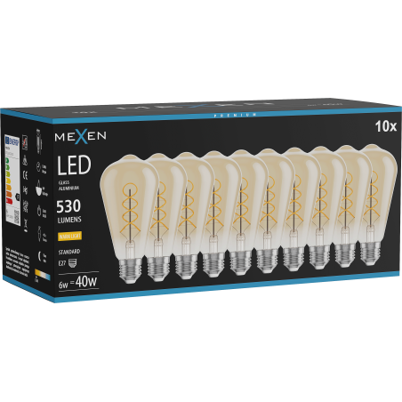 Mexen Vintis 10x LED-Filament-Glühbirne Spirale E27, ST64, 6W, Warm - 2700K, 530 lm, amber - L162-E27-0627-50x10
