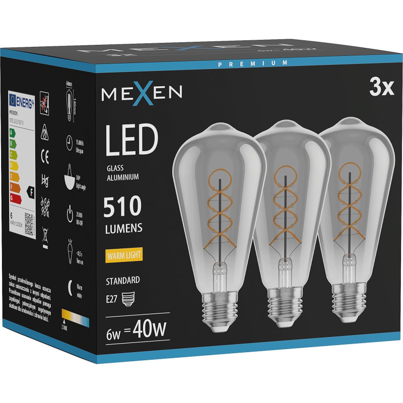 Mexen Vintis 3x LED-Filament-Spiral-Lampe E27, ST64, 6W, Warm - 2700K, 510 lm, Smoke - L162-E27-0627-70x03