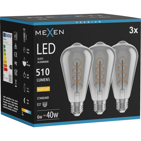 Mexen Vintis 3x LED-Filament-Spiral-Lampe E27, ST64, 6W, Warm - 2700K, 510 lm, Smoke - L162-E27-0627-70x03
