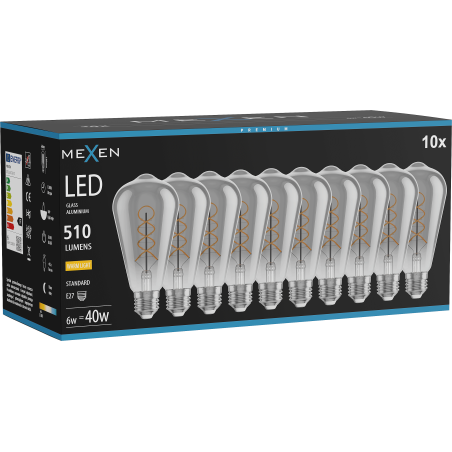 Mexen Vintis 10x LED-Filament-Spiralbirne E27, ST64, 6W, Warm - 2700K, 510 lm, smoke - L162-E27-0627-70x10