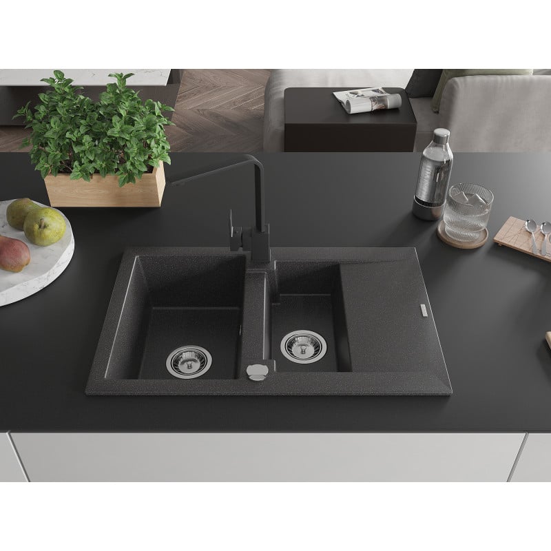 Mexen Gaspar Granit-Spüle 1,5-Kammer mit Abtropffläche und Küchenarmatur Rita, schwarz gesprenkelt - 6507-76-670300-70