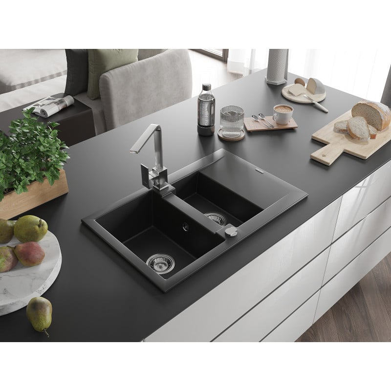 Mexen Gaspar Granitspüle 1,5-Becken mit Abtropffläche und Küchenarmatur Rita, schwarz - 6507-77-670300-00