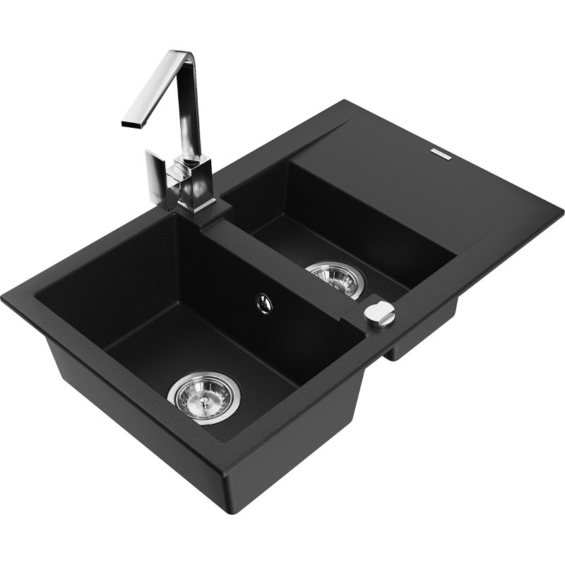 Mexen Gaspar Granitspüle 1,5-fach mit Abtropffläche und Küchenarmatur Rita, schwarz - 6507-77-670300-00