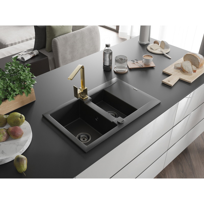 Mexen Gaspar 1,5-Kammer-Spülbecken aus Granit mit Abtropffläche und Küchenarmatur Rita, schwarz - 6507-77-670300-50-B