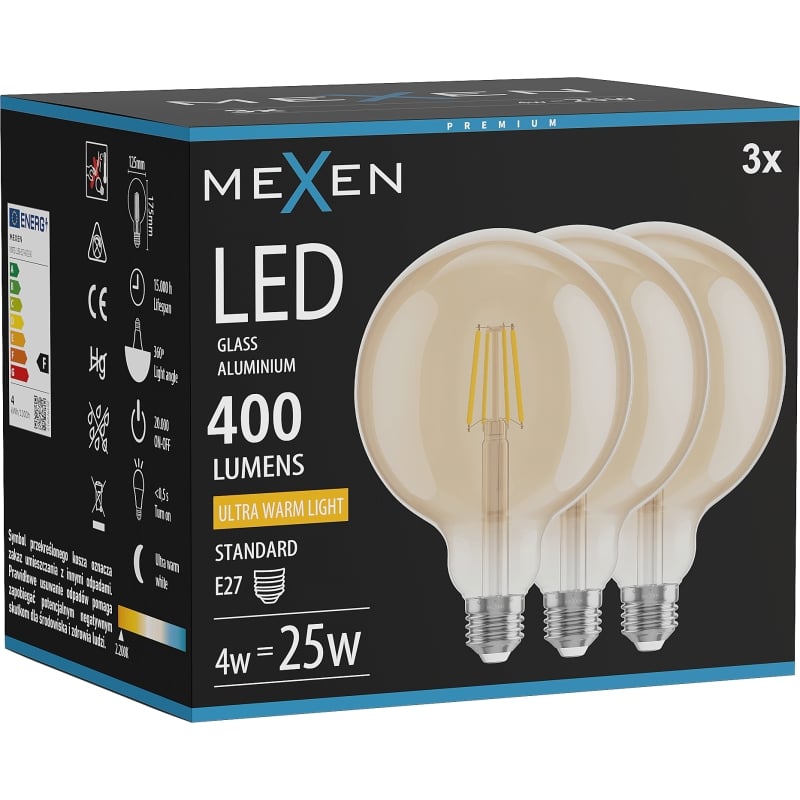 Mexen Vintis 3x LED-Filament-Glühbirne E27, G125, 4W, Warm - 2200K, 400 lm, bernstein - L158-E27-0422-50x03