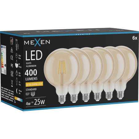 Mexen Vintis 6x LED-Filament-Glühbirne E27, G125, 4W, Warm - 2200K, 400 lm, Bernstein - L158-E27-0422-50x06